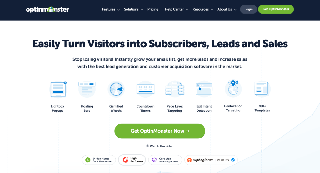 Homepage of OptinMonster, a lead generation and customer acquisition software